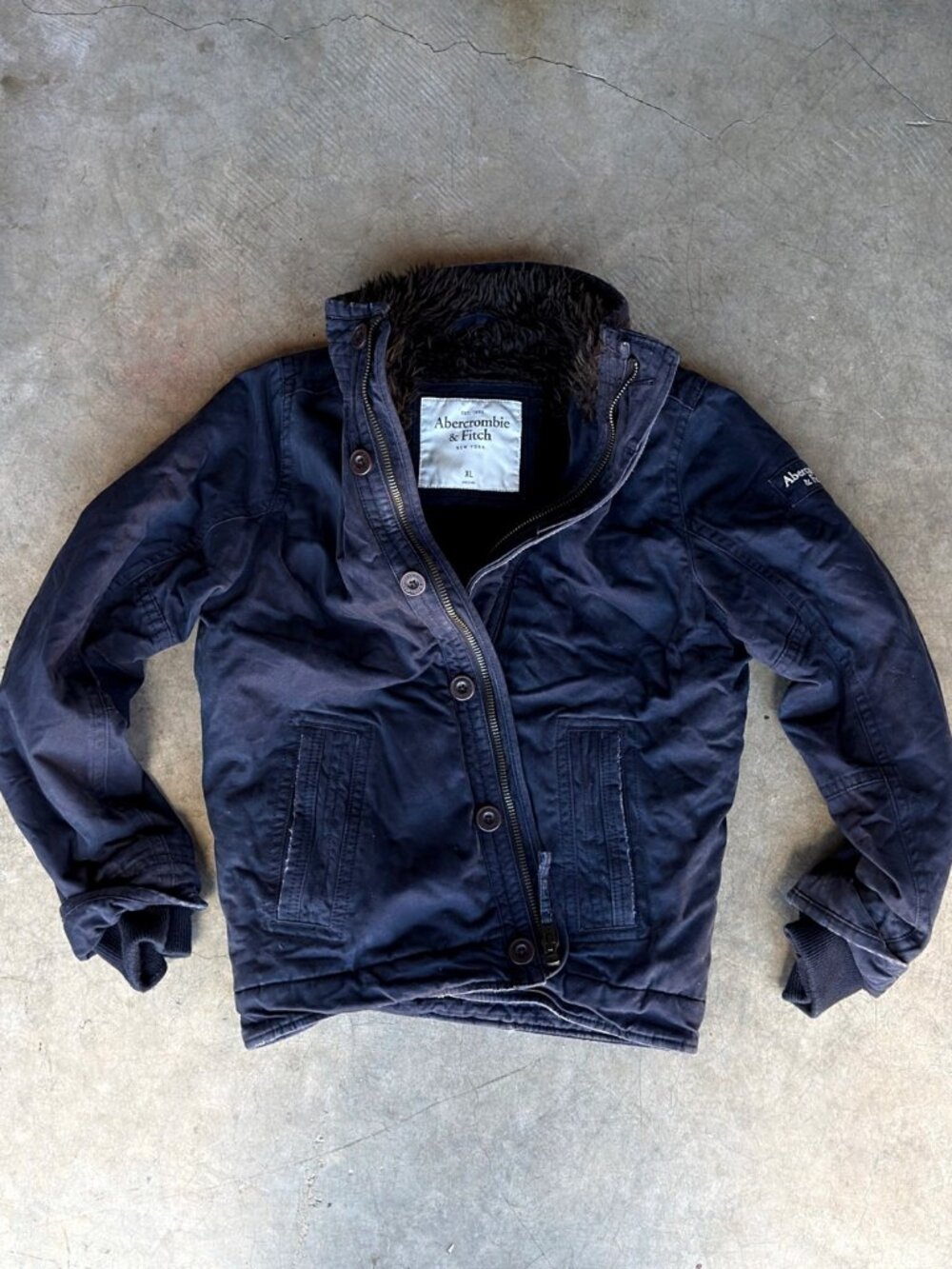 Abercrombie & Fitch Faux Fur Lined Jacket Mens XL Navy Utility Military Zip Coat